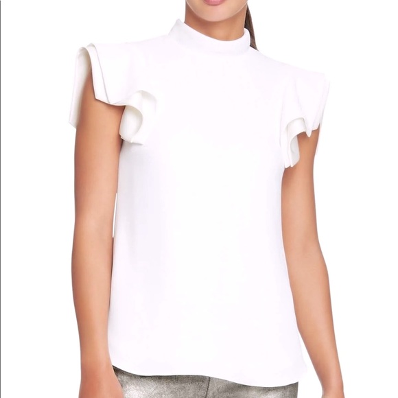 NWT Halston Architectural Short Sleeve Blouse with Mock Neck in White - Size 6 - Picture 3 of 15